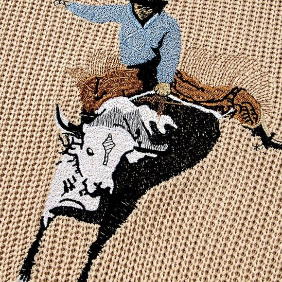 Khaki Casual Women's Western Cowboy Embroidery Round Neck Sleevless Sweater vest - Picture 6 of 8